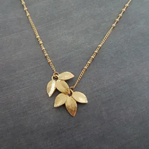 Gold Leaf Necklace, small gold leaves pendant, connected leaves necklace, simple gold leaf necklace, beaded gold satellite chain tiny dainty
