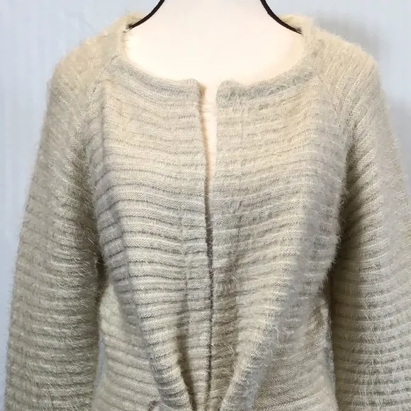 Hem &amp; Thread Womens Eyelash Cardigan Size M Belted Soft Fuzzy Cream Open Sweater