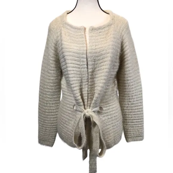 Hem &amp; Thread Womens Eyelash Cardigan Size M Belted Soft Fuzzy Cream Open Sweater