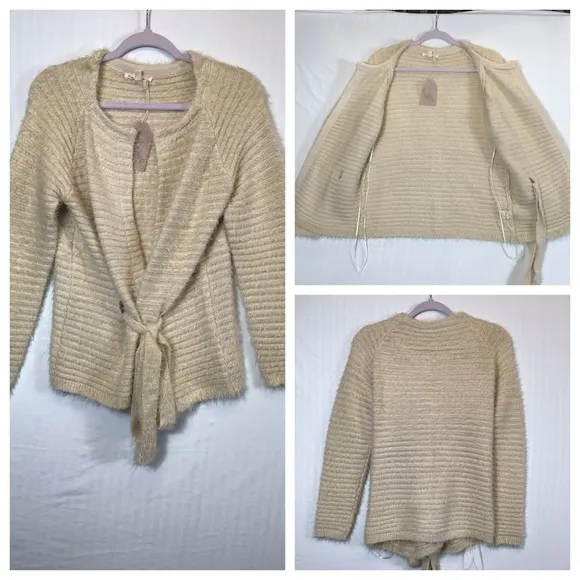 Hem &amp; Thread Womens Eyelash Cardigan Size M Belted Soft Fuzzy Cream Open Sweater