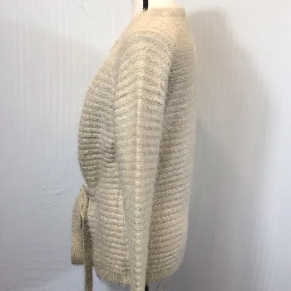 Hem &amp; Thread Womens Eyelash Cardigan Size M Belted Soft Fuzzy Cream Open Sweater
