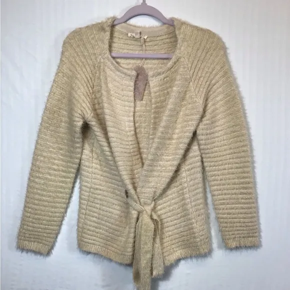 Hem &amp; Thread Womens Eyelash Cardigan Size M Belted Soft Fuzzy Cream Open Sweater