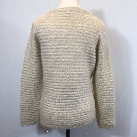Hem &amp; Thread Womens Eyelash Cardigan Size M Belted Soft Fuzzy Cream Open Sweater