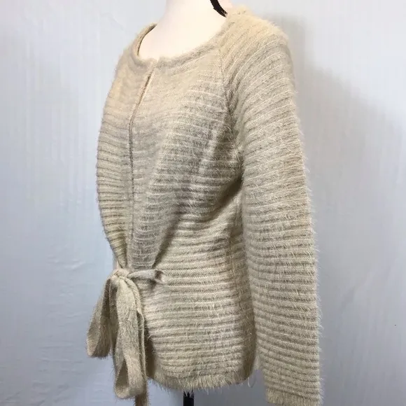 Hem &amp; Thread Womens Eyelash Cardigan Size M Belted Soft Fuzzy Cream Open Sweater