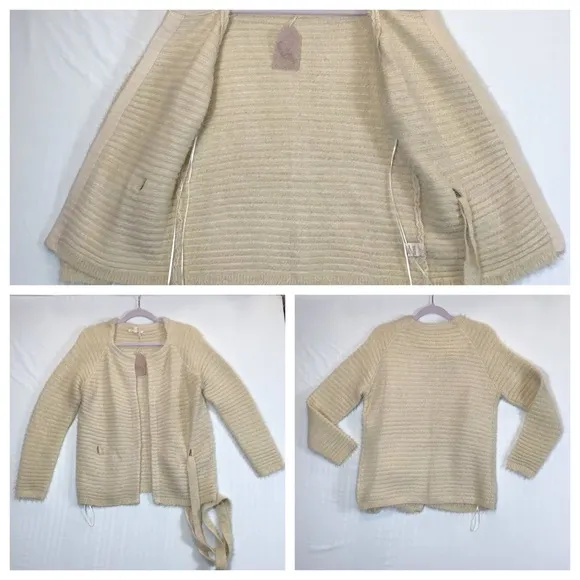 Hem &amp; Thread Womens Eyelash Cardigan Size M Belted Soft Fuzzy Cream Open Sweater