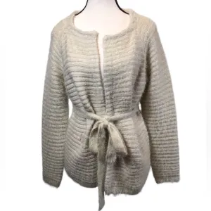 Hem &amp; Thread Womens Eyelash Cardigan Size M Belted Soft Fuzzy Cream Open Sweater