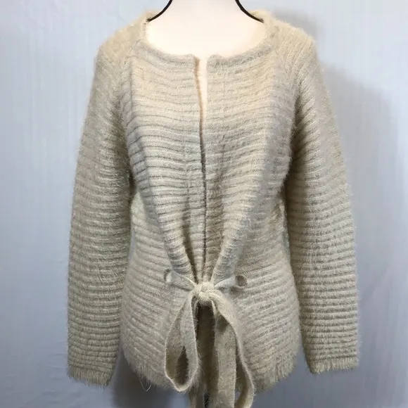 Hem &amp; Thread Womens Eyelash Cardigan Size M Belted Soft Fuzzy Cream Open Sweater