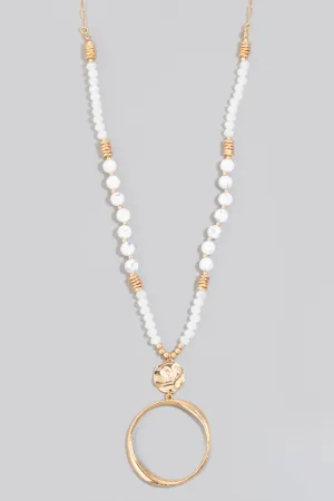 Long Beaded and Circle Pendant Necklace in Gold (Assorted Colors)