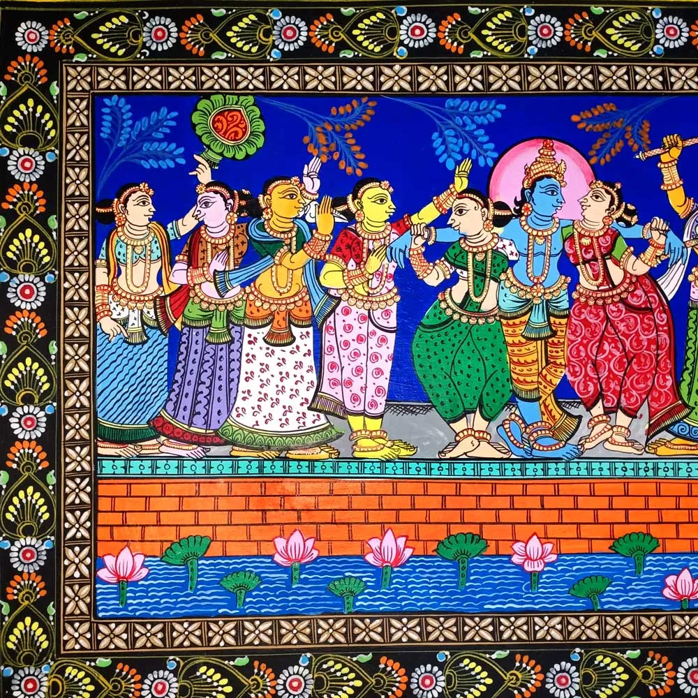 Lord Krishna Dance with Gopis Canvas Pattachitra Painting