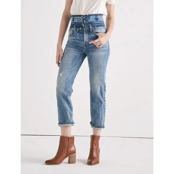 Lucky Remade Pins Stacked Waist Jeans Size 26 US 2 Blue Cropped High Rise Frayed