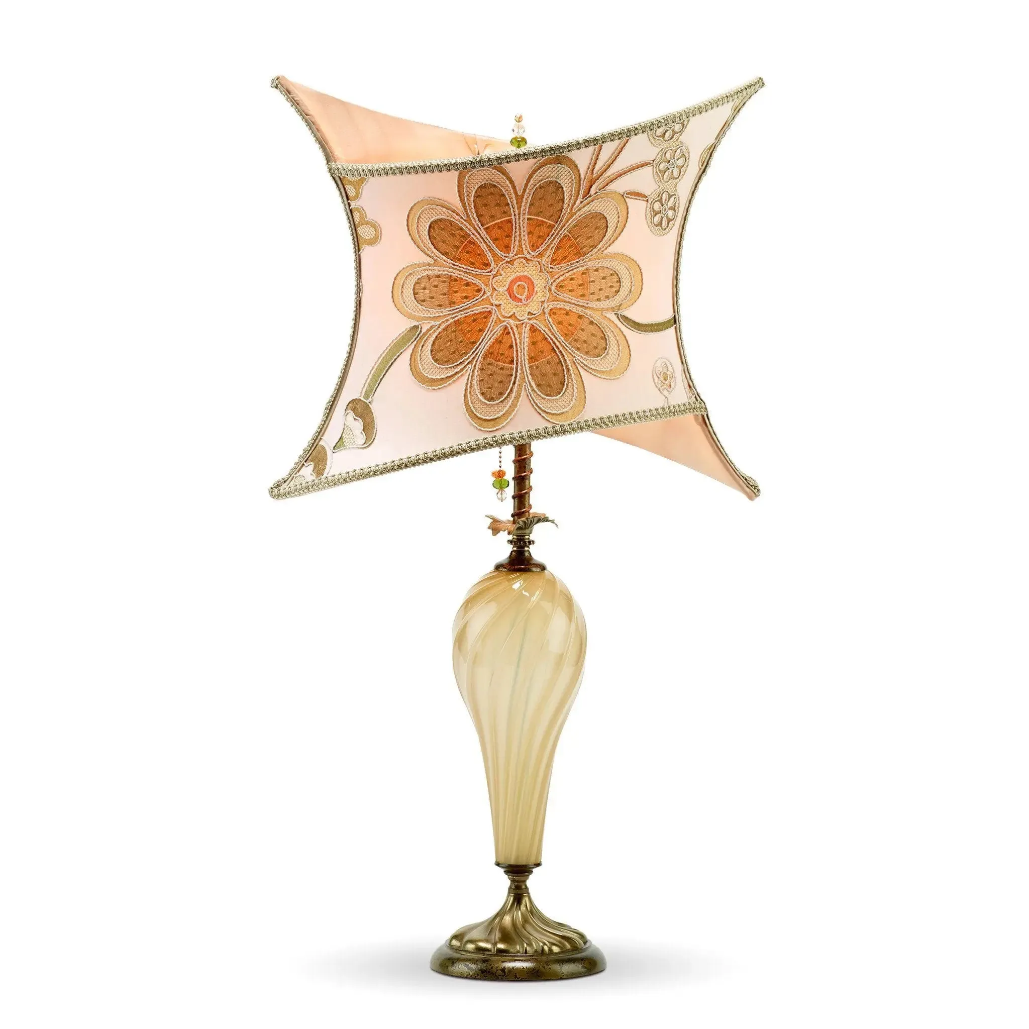 Megan Table Lamp 125Y114 by Kinzig Design, Colors Gold Blown Glass, Peach Gold Cream Rust with Embroidered Silk Shade