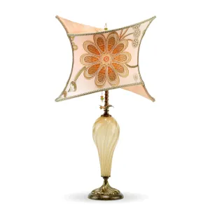 Megan Table Lamp 125Y114 by Kinzig Design, Colors Gold Blown Glass, Peach Gold Cream Rust with Embroidered Silk Shade
