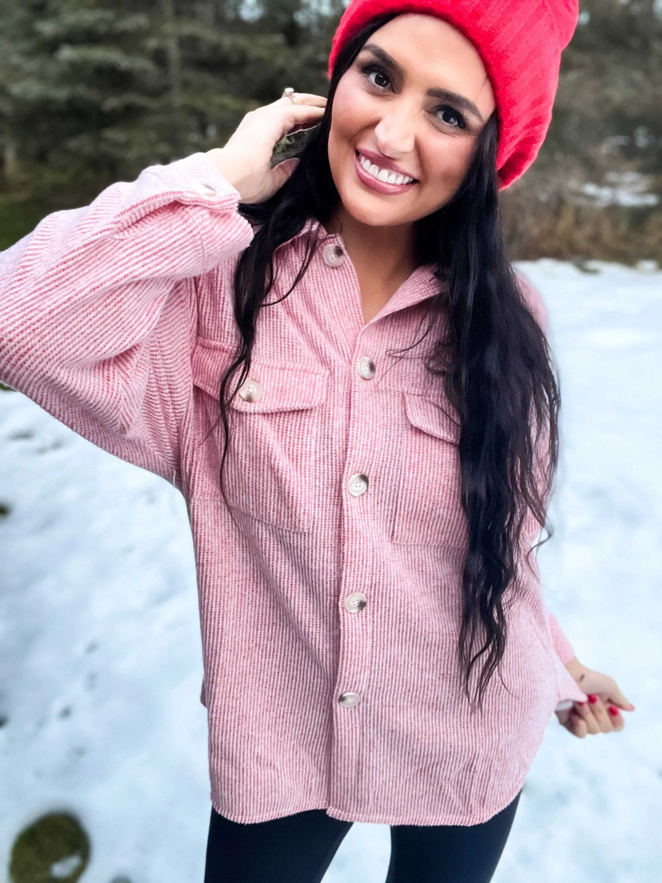Miss Merry Red Corded Shacket