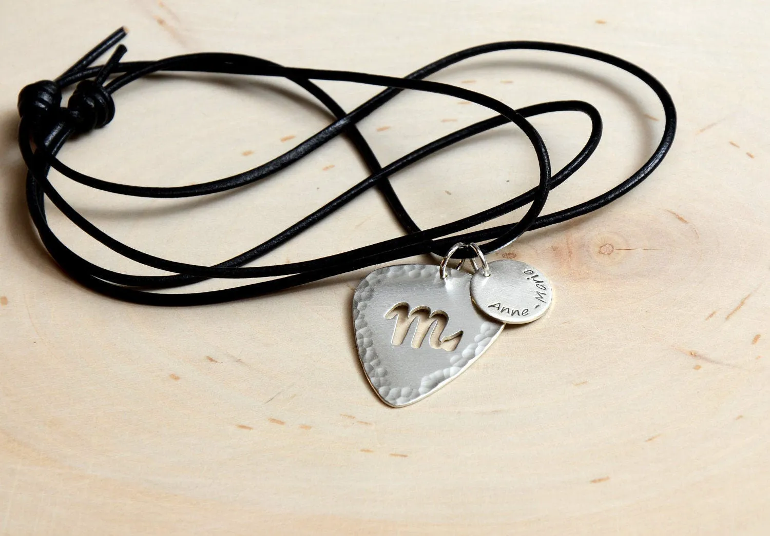 Personalized Zodiac Sign Necklace on Sterling Silver Guitar Pick with Disc Charm