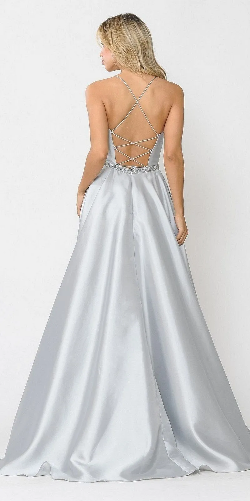 Poly USA 8684 Long Dress with Criss-Cross Lace-Up Back