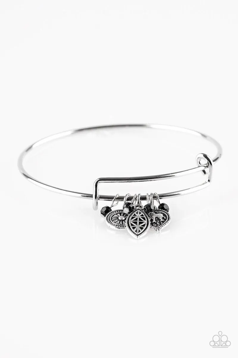 " The Elephant in the Room " Silver & Black Beaded Elephant Charm Tension Bracelet