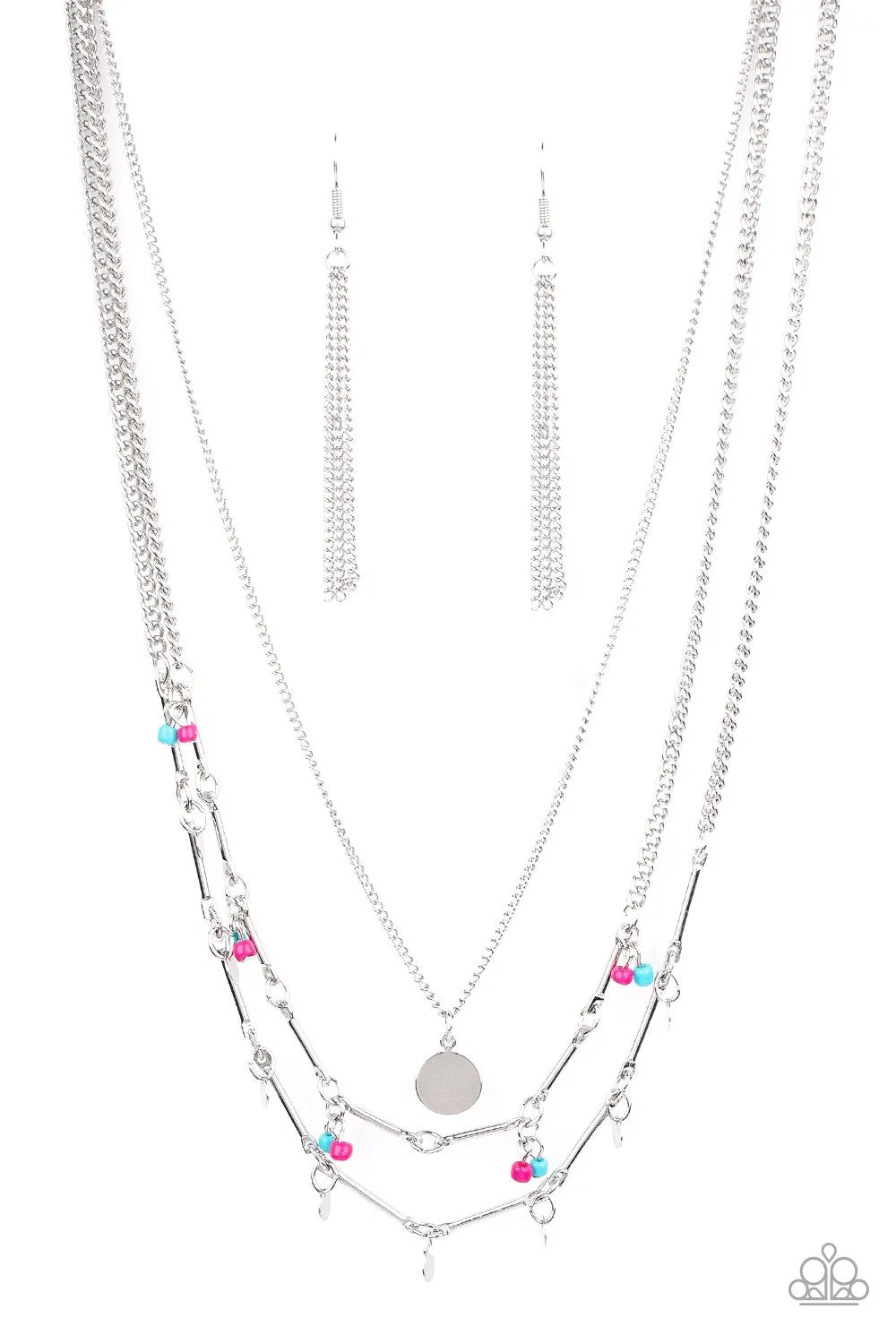 " Wandering Wonder " Silver Metal Pink/Blue Beaded Layered Necklace Set