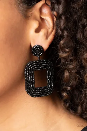 "Beaded Bella" Black Seed Bead Square Post Hoop Earrings