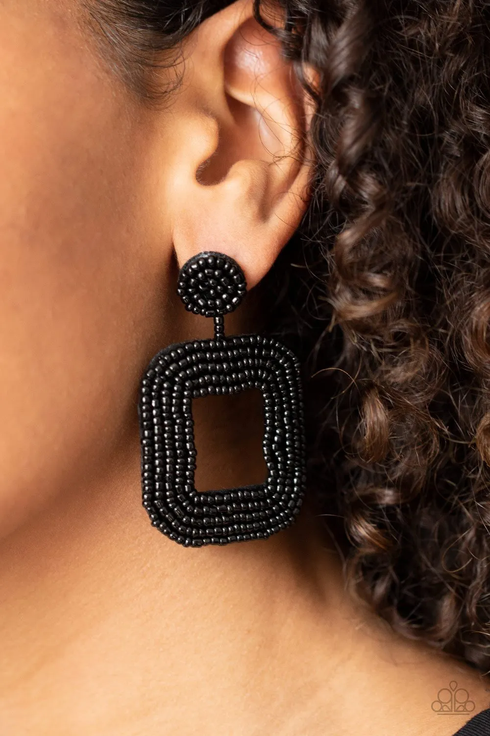 "Beaded Bella" Black Seed Bead Square Post Hoop Earrings