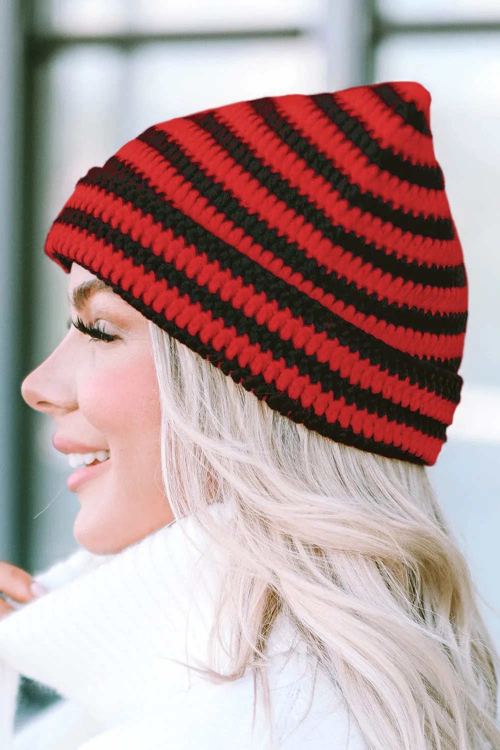 Red Cute Striped Cat-Ear Knit Beanie Hat