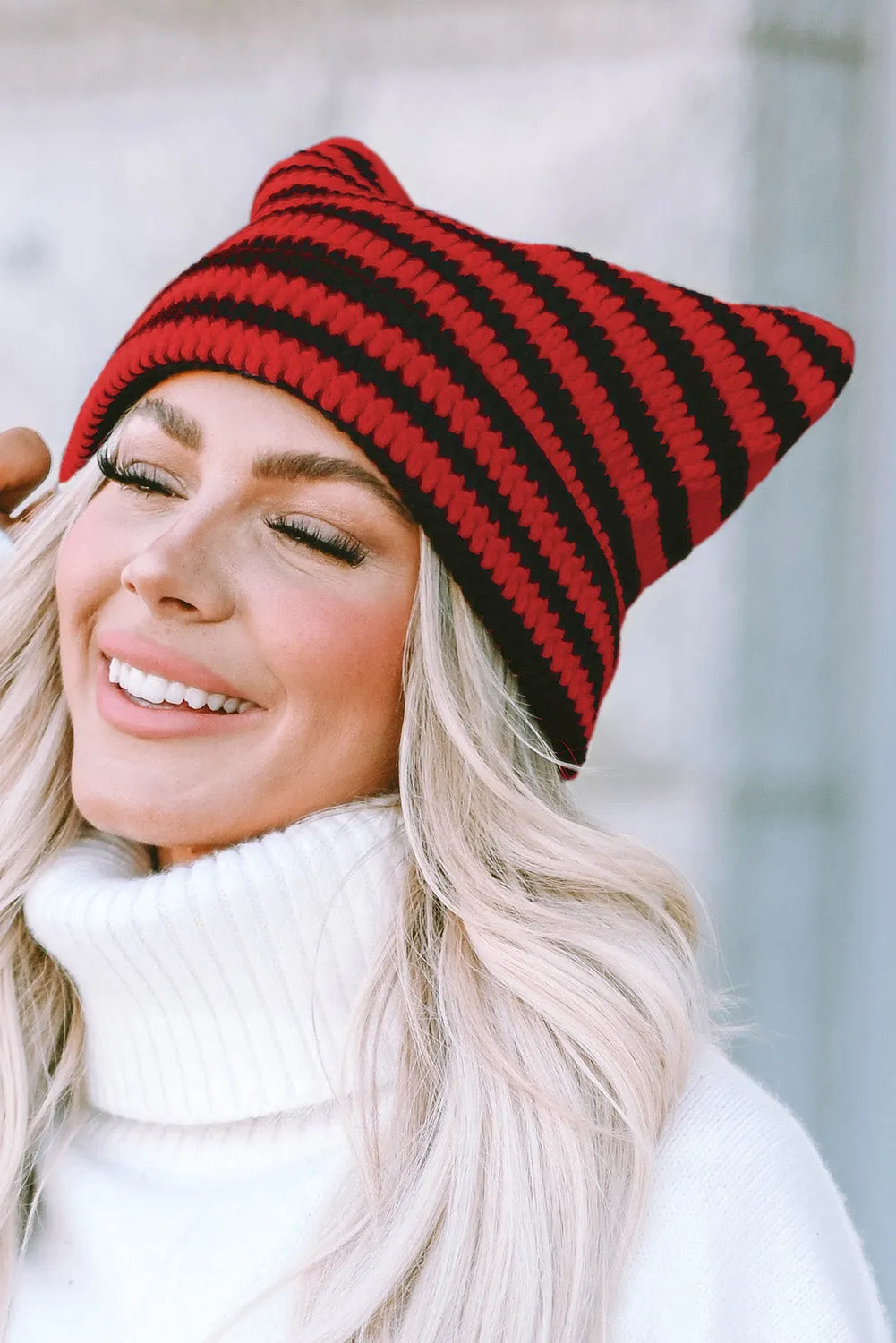 Red Cute Striped Cat-Ear Knit Beanie Hat