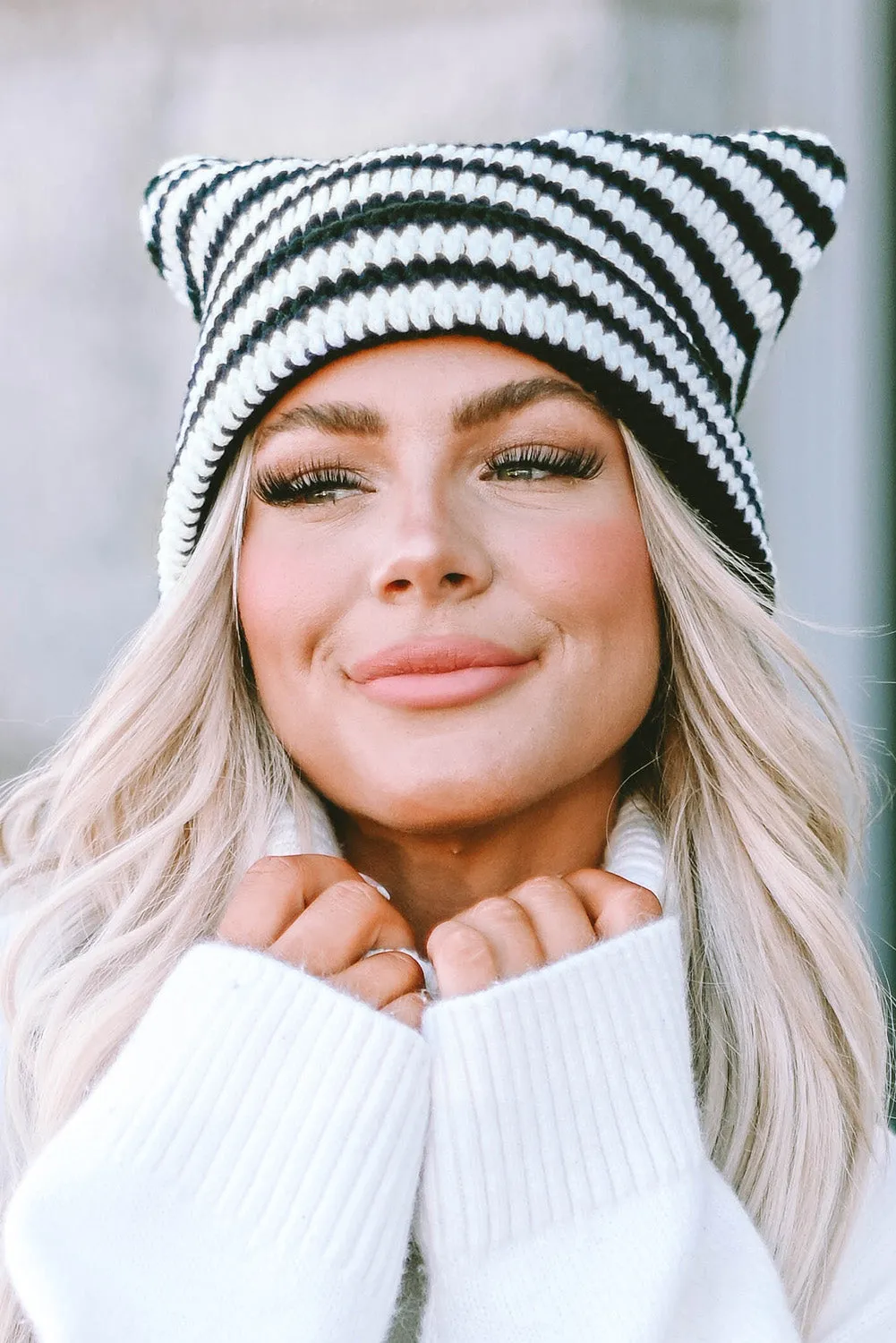 Red Cute Striped Cat-Ear Knit Beanie Hat