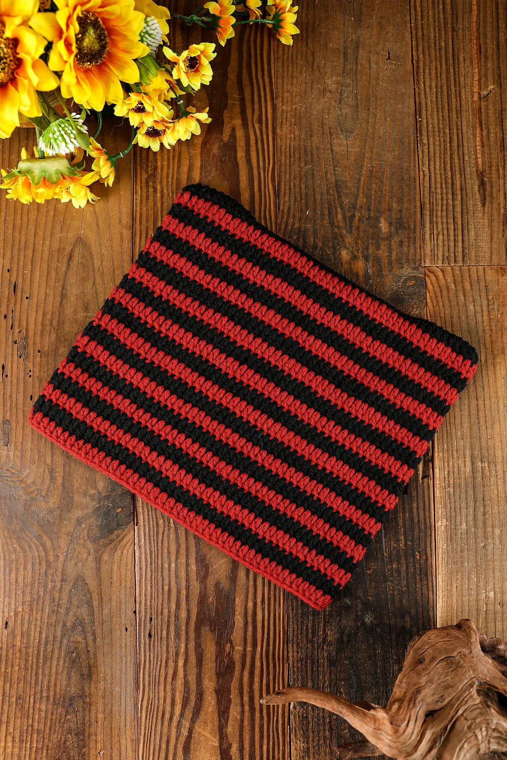 Red Cute Striped Cat-Ear Knit Beanie Hat