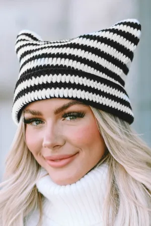 Red Cute Striped Cat-Ear Knit Beanie Hat