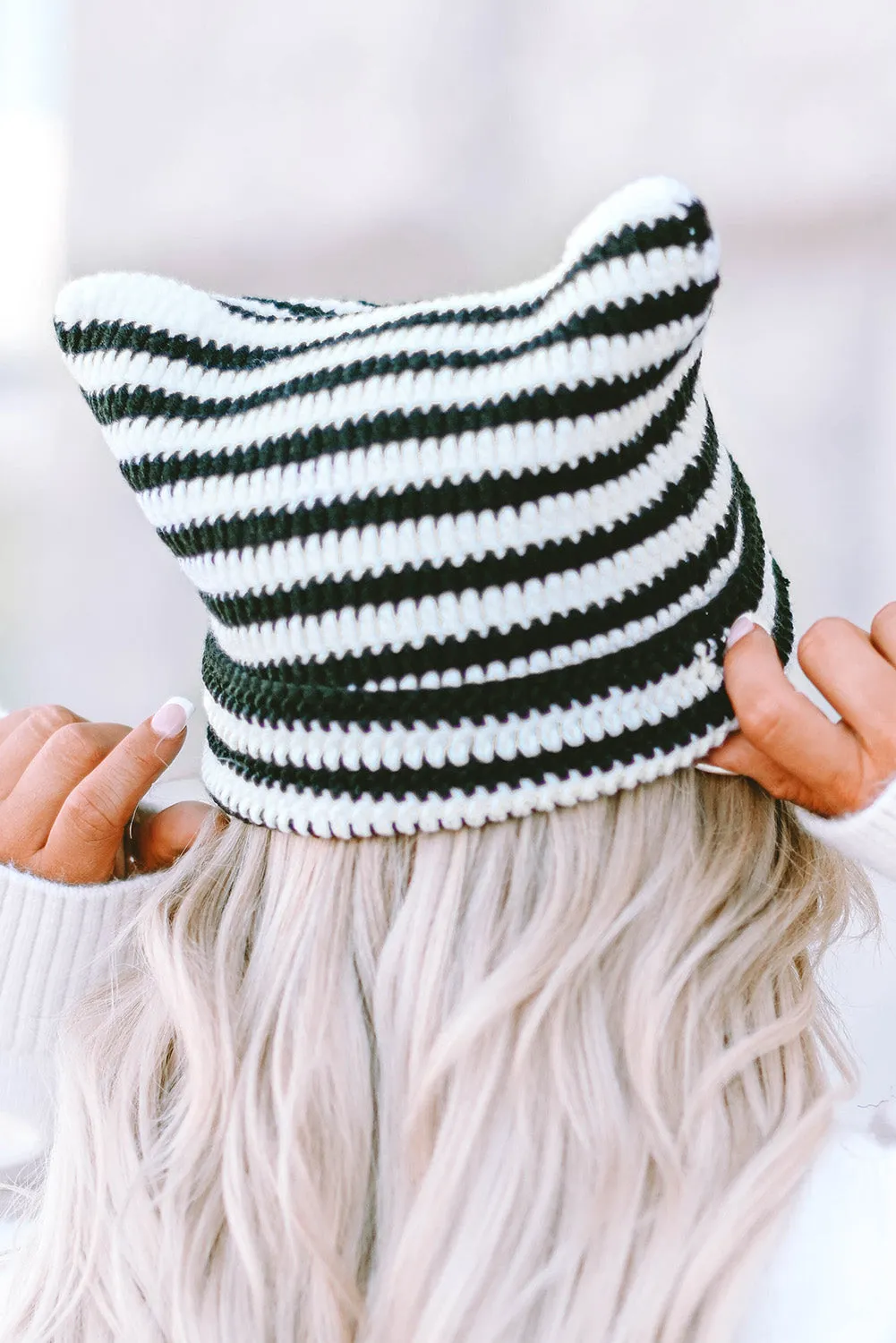 Red Cute Striped Cat-Ear Knit Beanie Hat