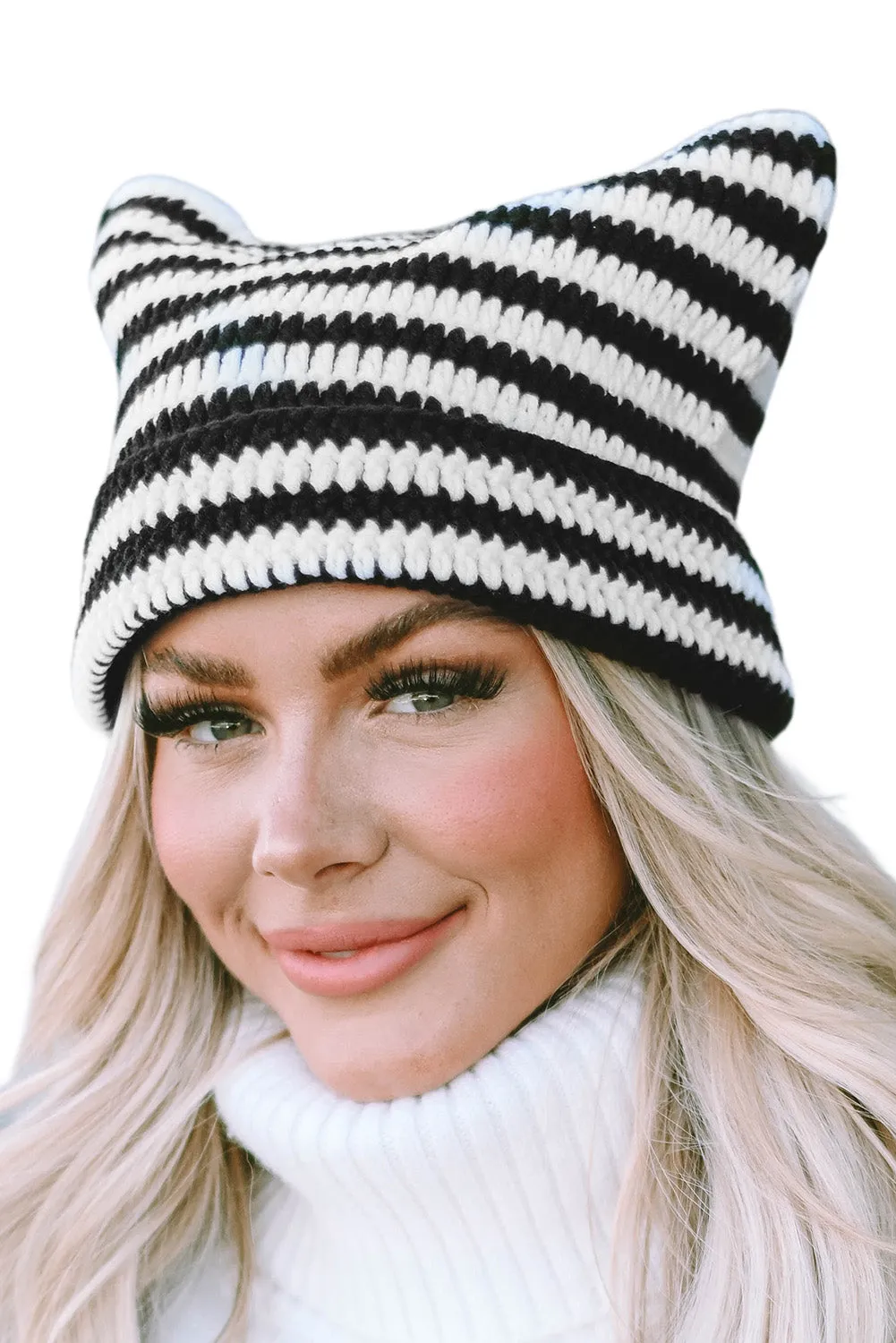 Red Cute Striped Cat-Ear Knit Beanie Hat
