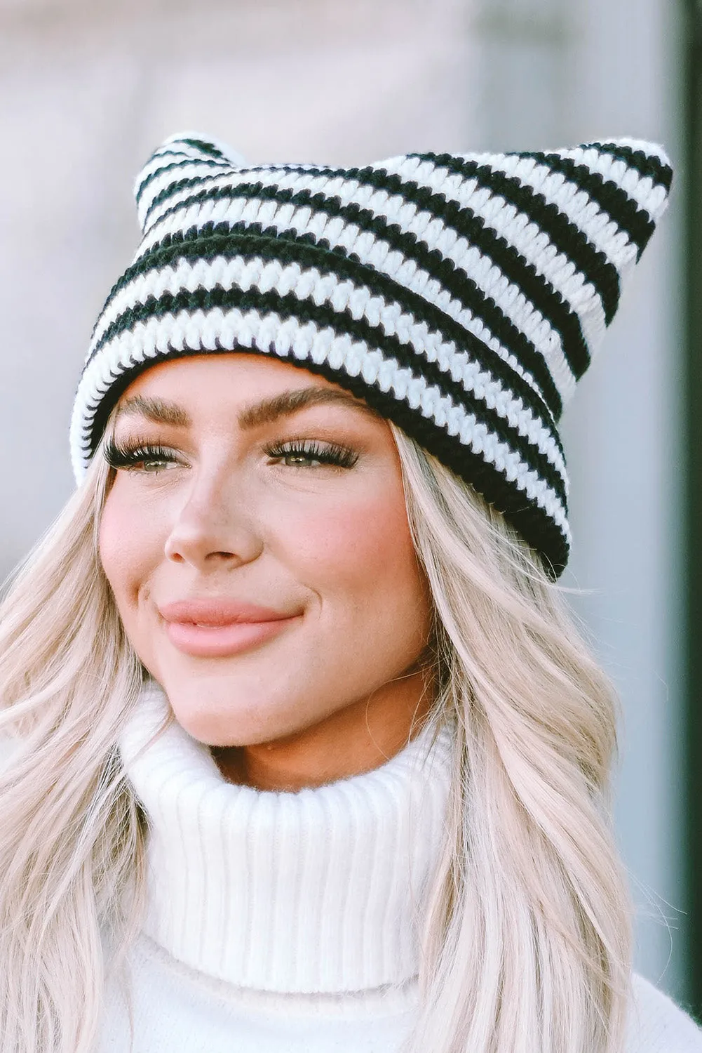 Red Cute Striped Cat-Ear Knit Beanie Hat