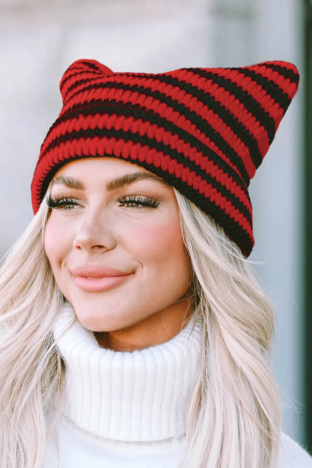 Red Cute Striped Cat-Ear Knit Beanie Hat
