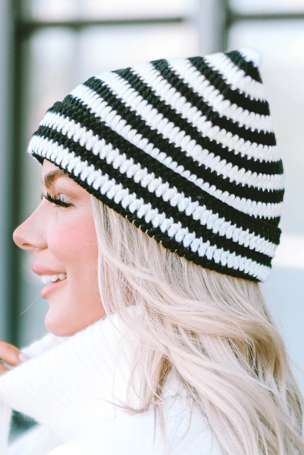 Red Cute Striped Cat-Ear Knit Beanie Hat
