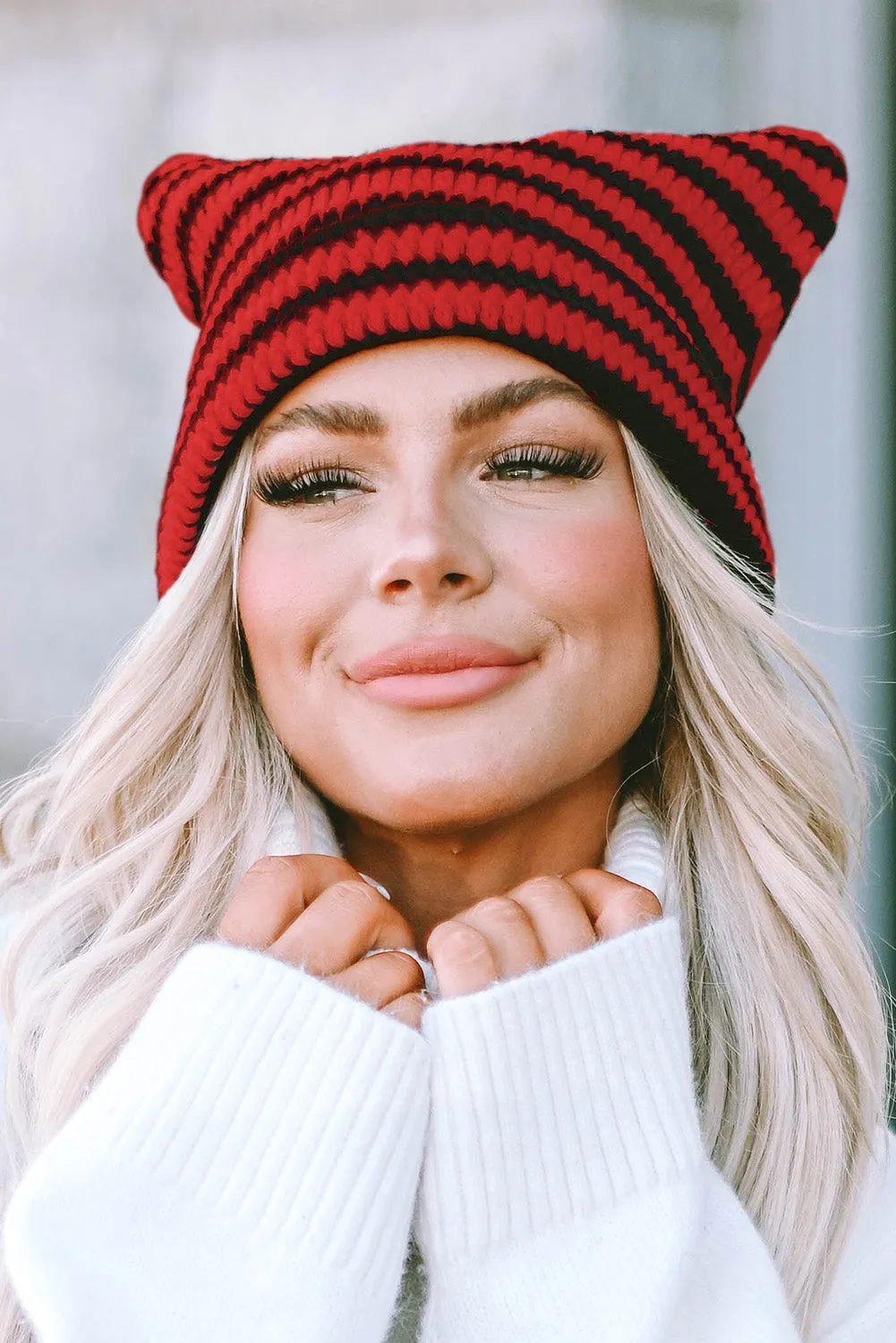 Red Cute Striped Cat-Ear Knit Beanie Hat