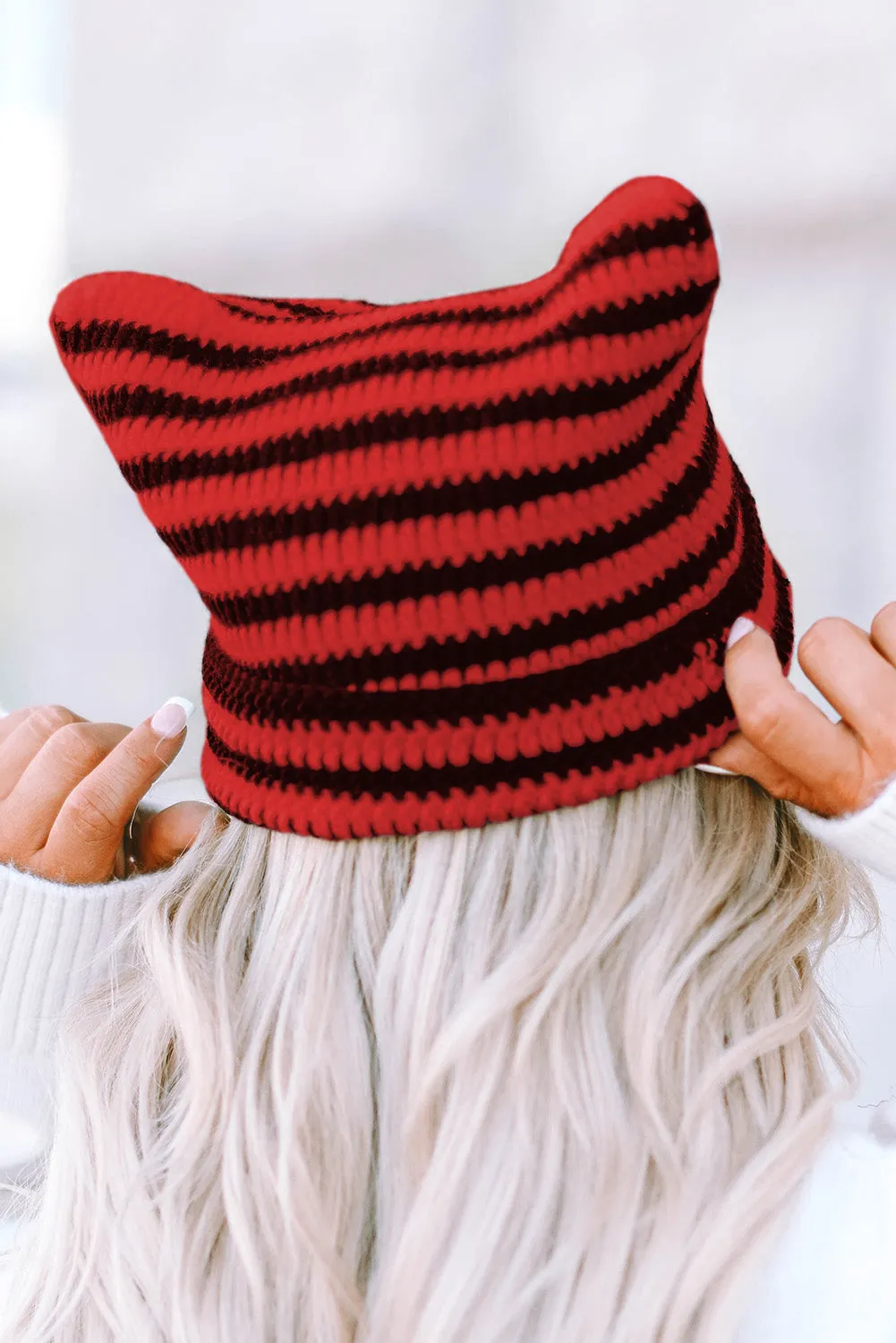 Red Cute Striped Cat-Ear Knit Beanie Hat