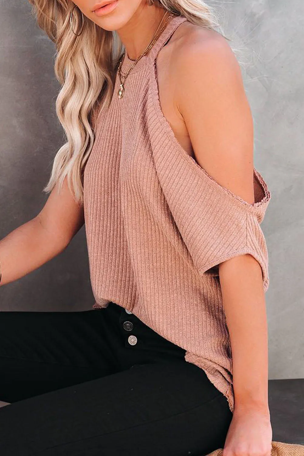 Ribbed Cold Shoulder Knit Top