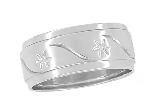 Scrolls and Stars Victorian Vintage Style 7mm Wide Wedding Ring in 14 Karat White Gold