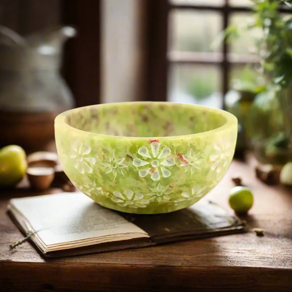 Smudge Bowl Carved from Soapstone Green Floral FB3461 🌿