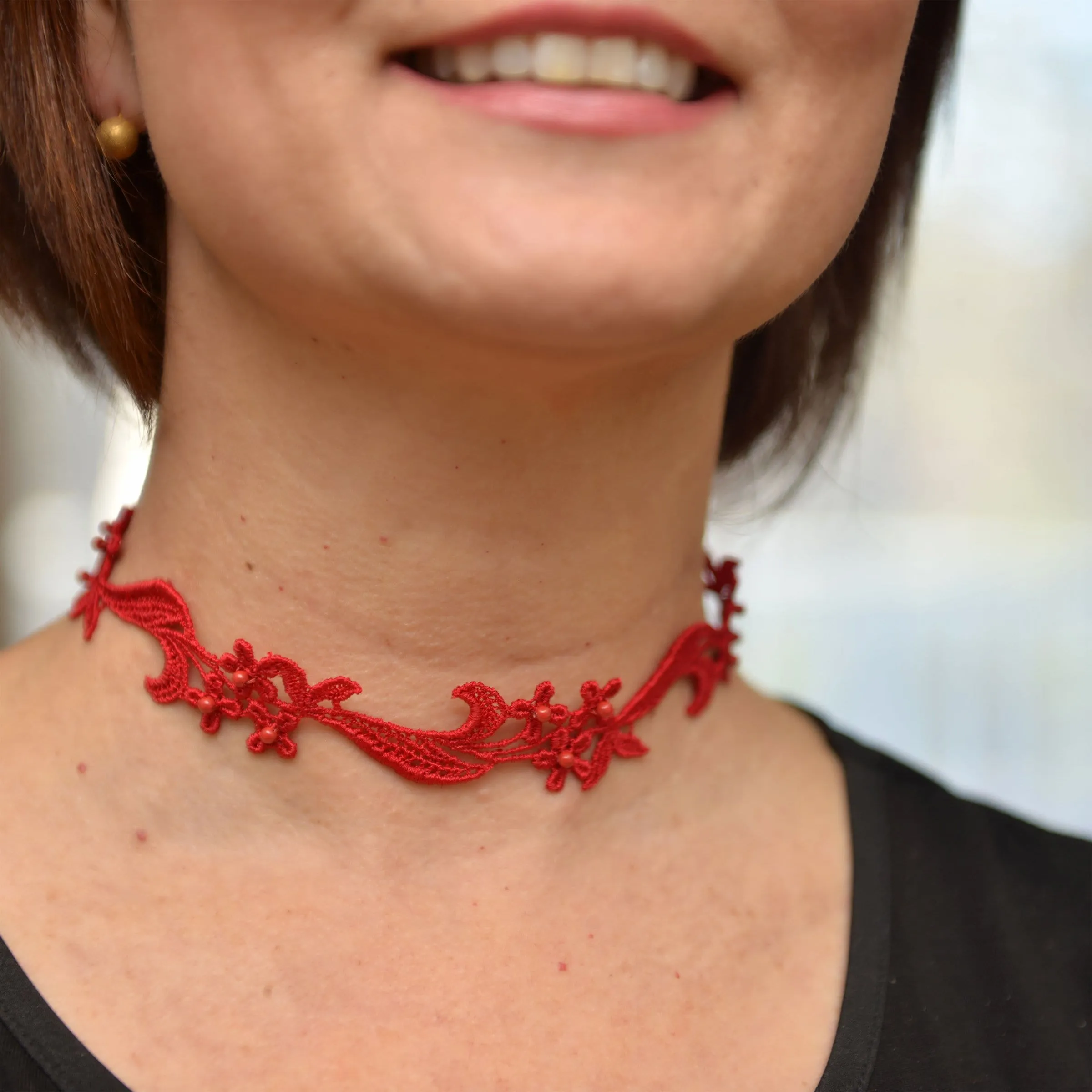 Sophia Red Floral Choker with Pearls
