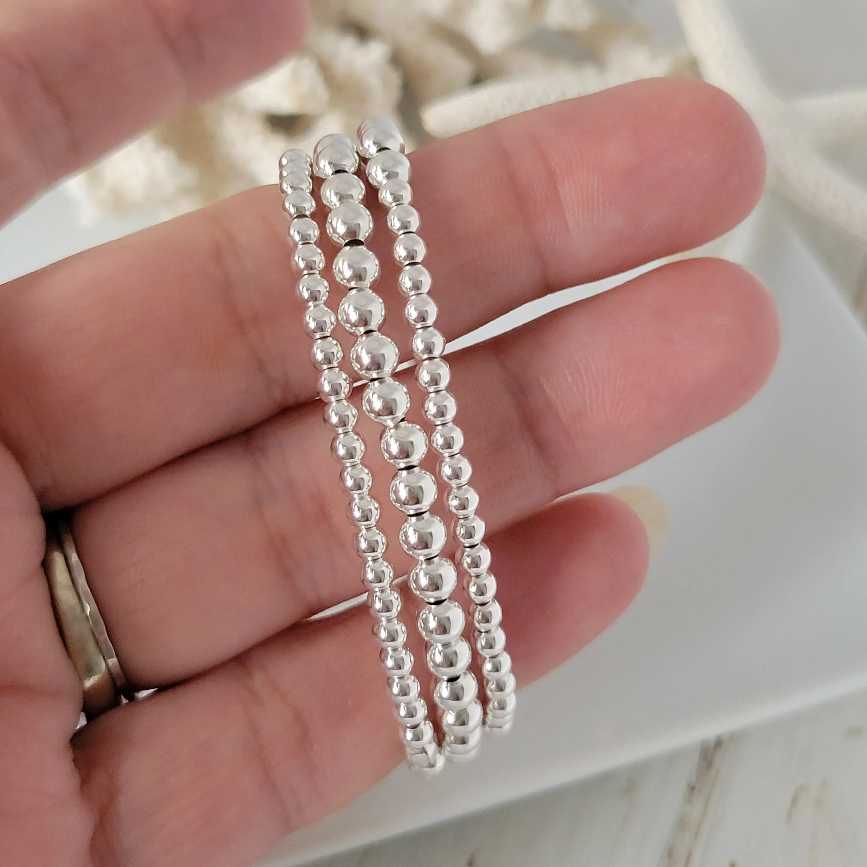 Sterling Silver Beaded Layering Bracelet - 3mm, 4mm, 5mm, 6mm