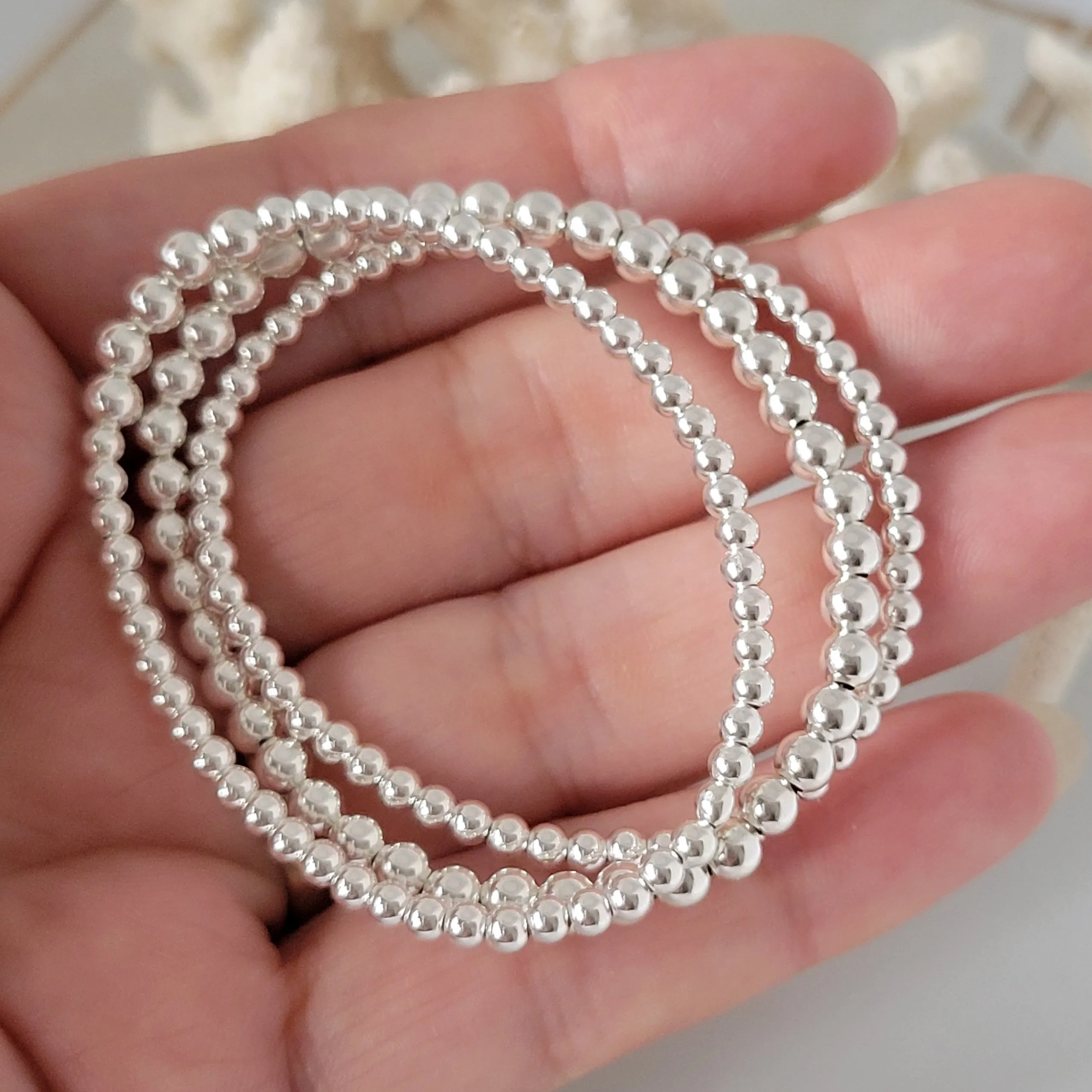 Sterling Silver Beaded Layering Bracelet - 3mm, 4mm, 5mm, 6mm