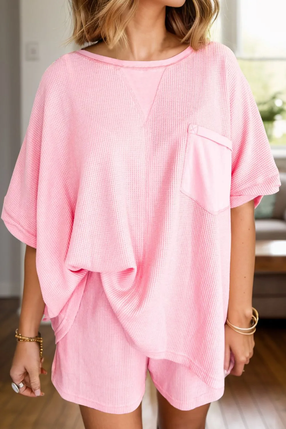 Stress Free Waffle-Knit Top and Shorts Set- 3 Colors (Pink, Black, Blue)