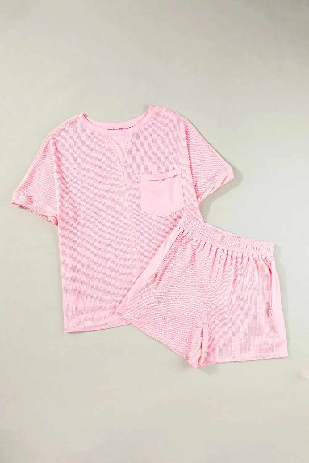 Stress Free Waffle-Knit Top and Shorts Set- 3 Colors (Pink, Black, Blue)