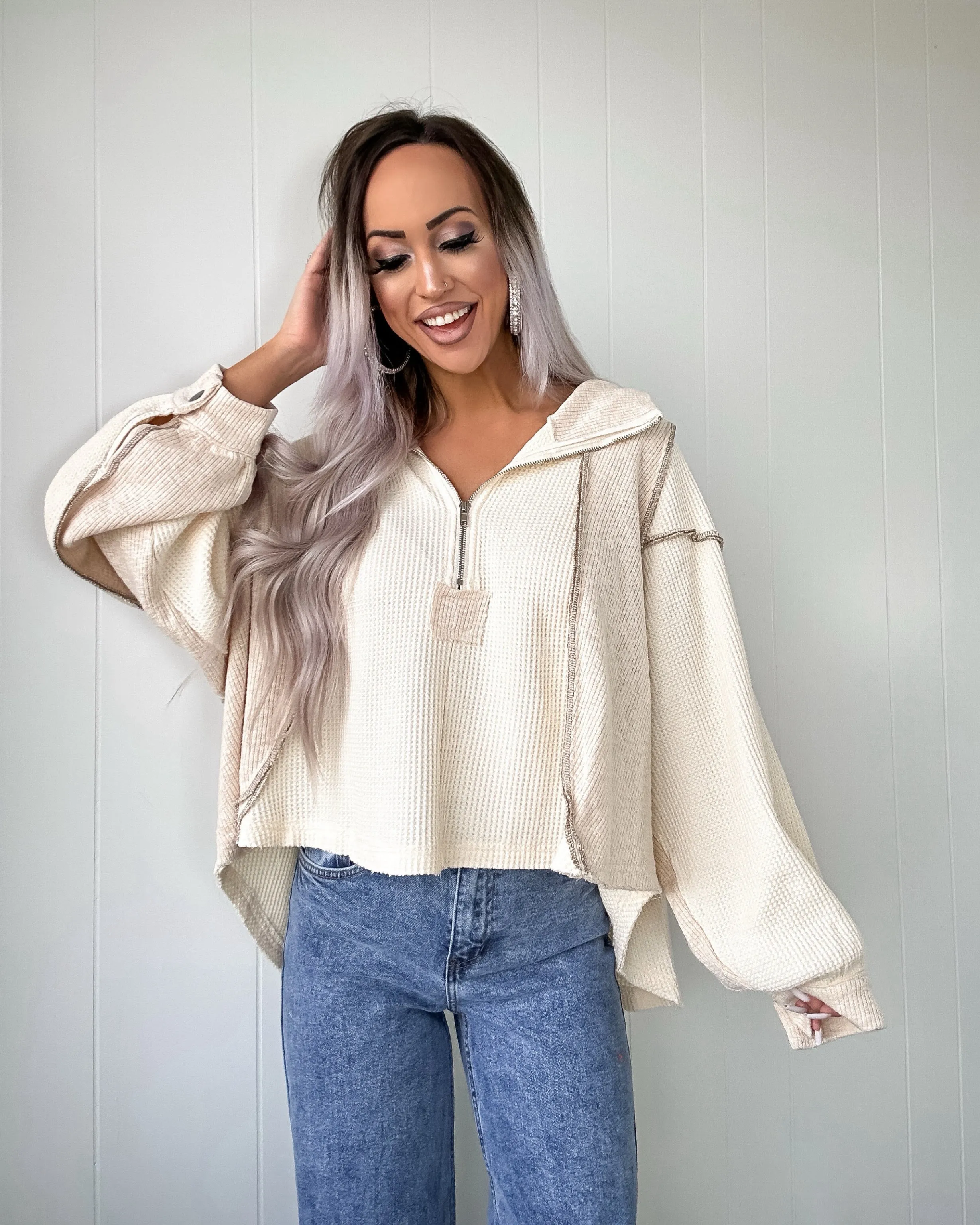 Sundance Waffle Knit Hi Lo Hoodie - Cream