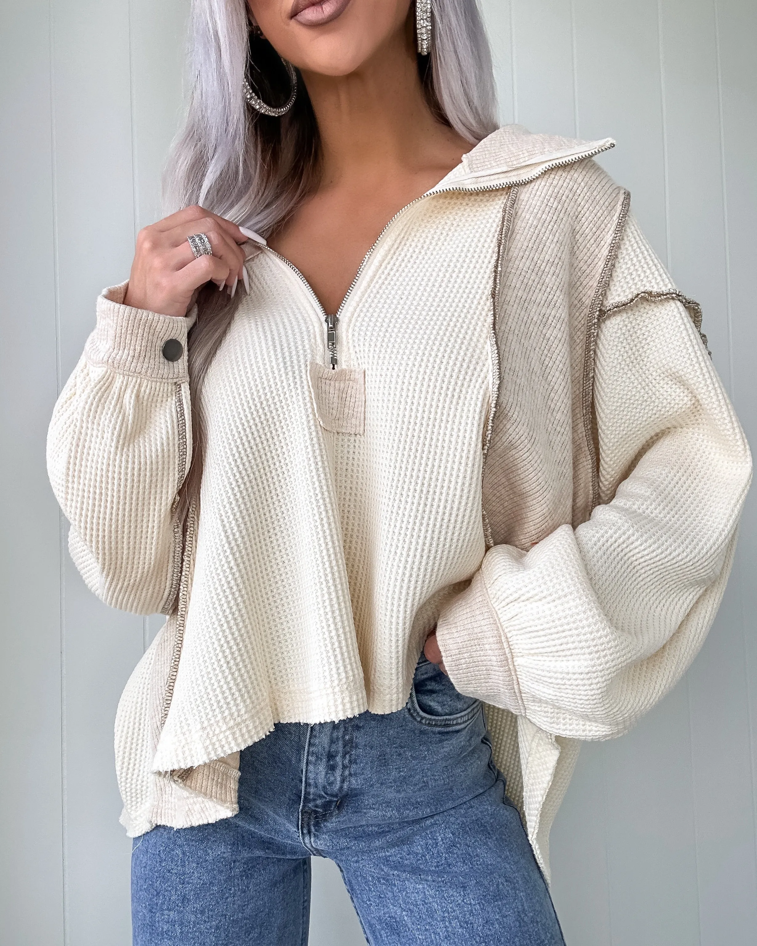Sundance Waffle Knit Hi Lo Hoodie - Cream