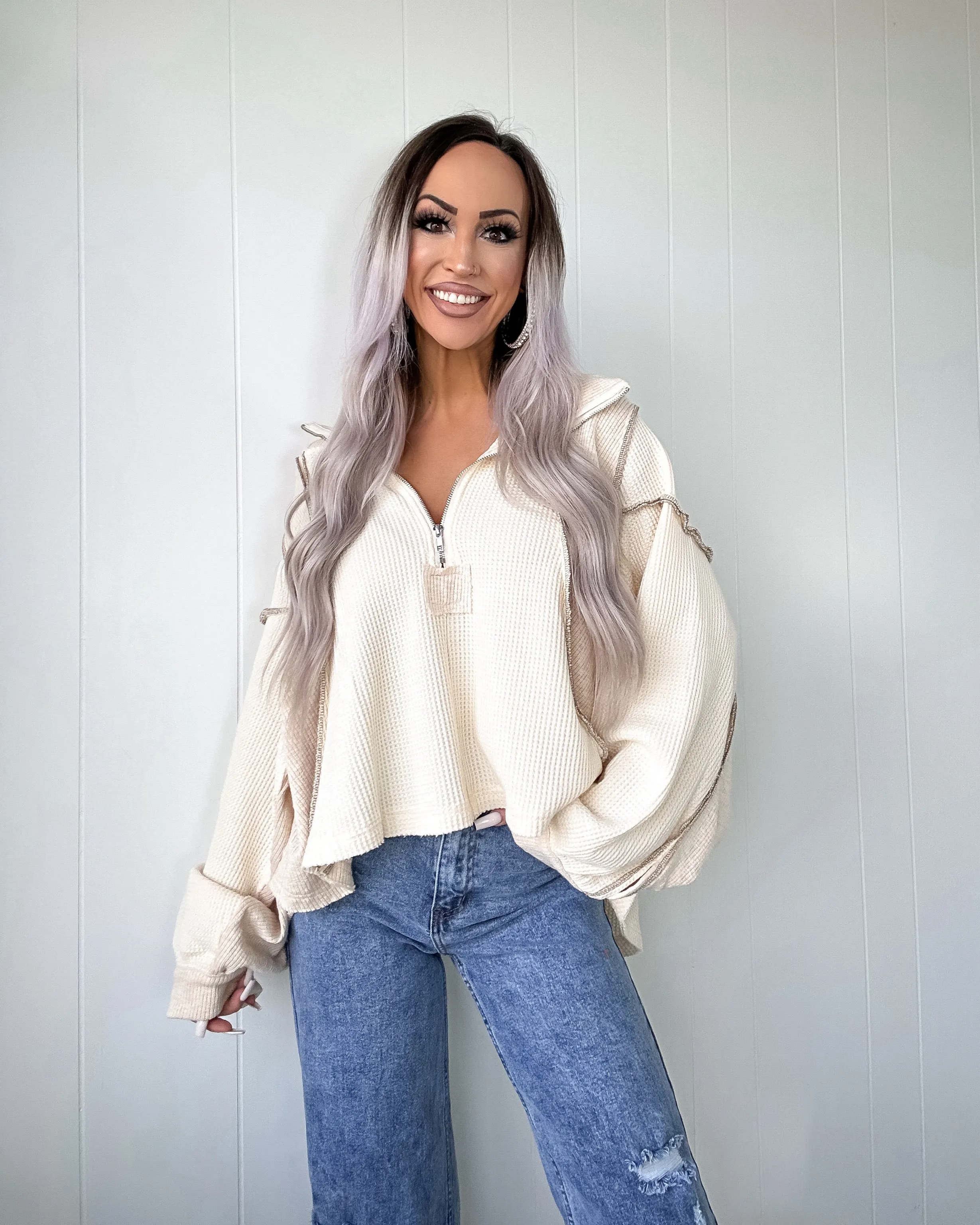 Sundance Waffle Knit Hi Lo Hoodie - Cream