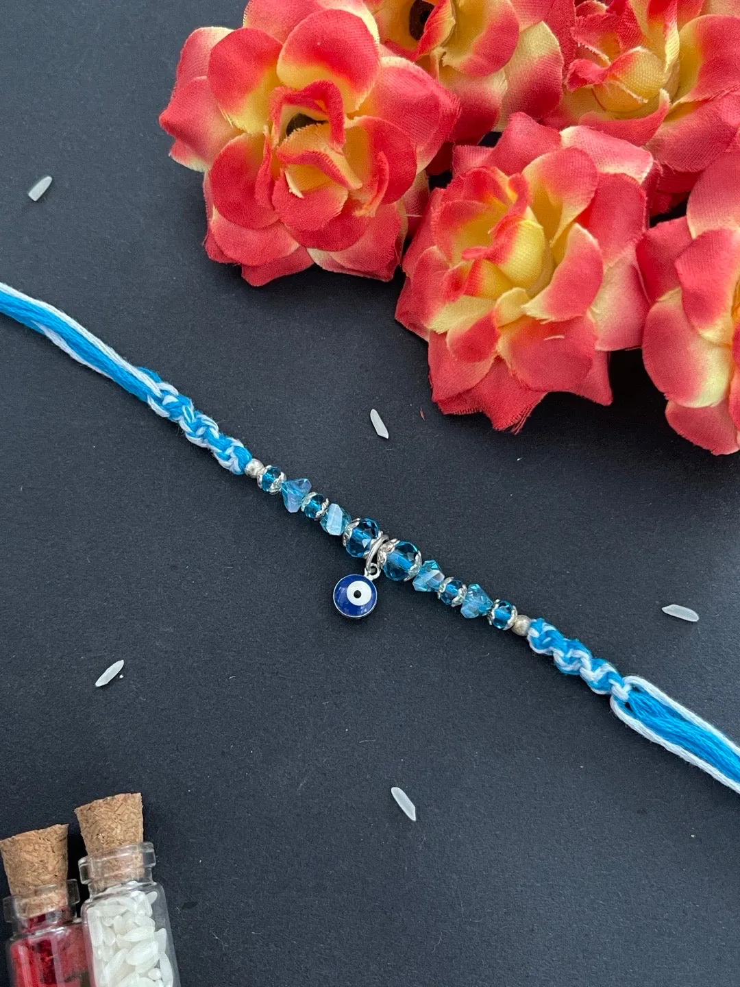 Unique Designer Rakhi With Blue Evil Eye Charm And Crystal Beads Thread Rakhi For Raksha Bandhan