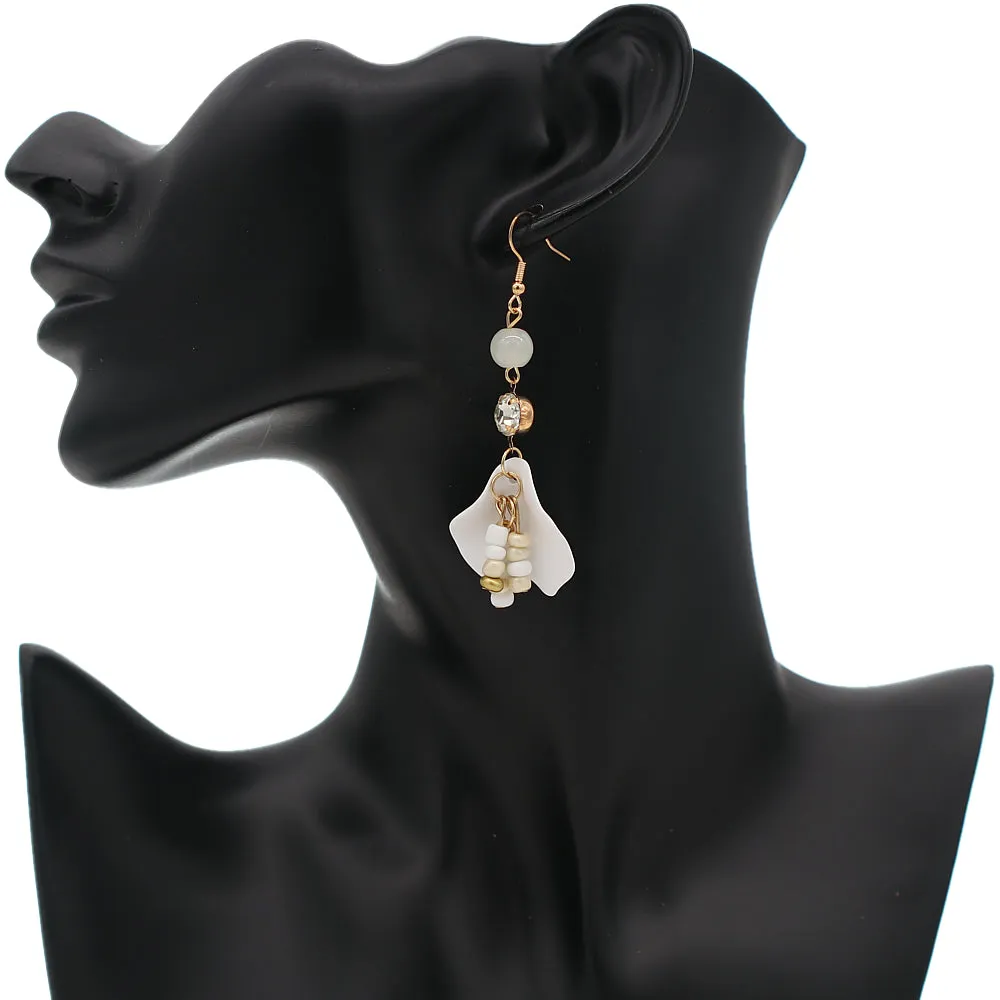 White Tulip Petal Beaded Dangle Earrings