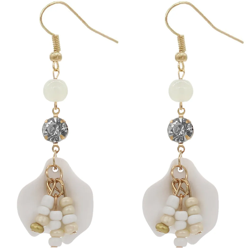 White Tulip Petal Beaded Dangle Earrings