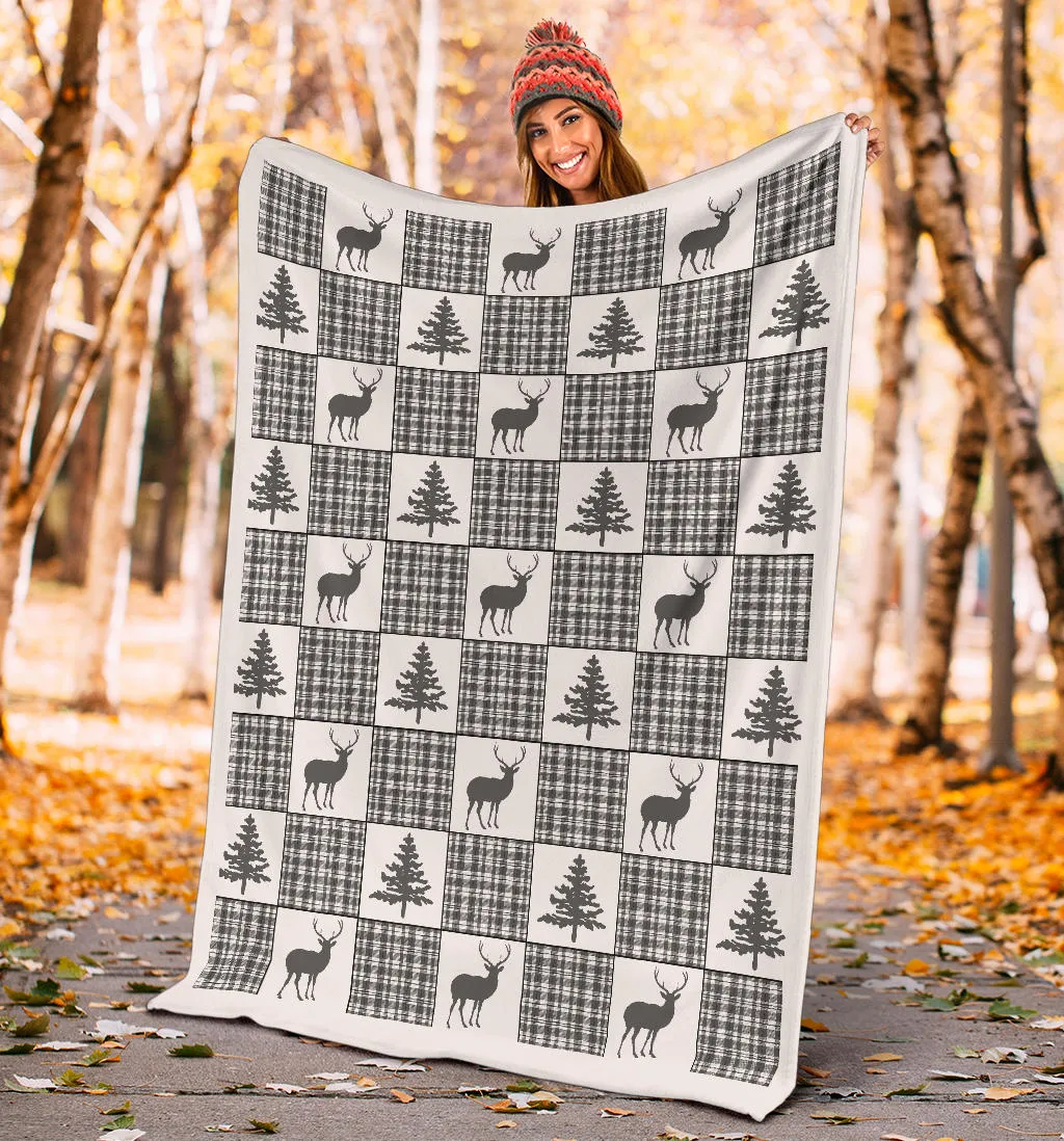 Winter Plaid Patchwork Pattern Fleece Blanket With Deer and Pine Trees